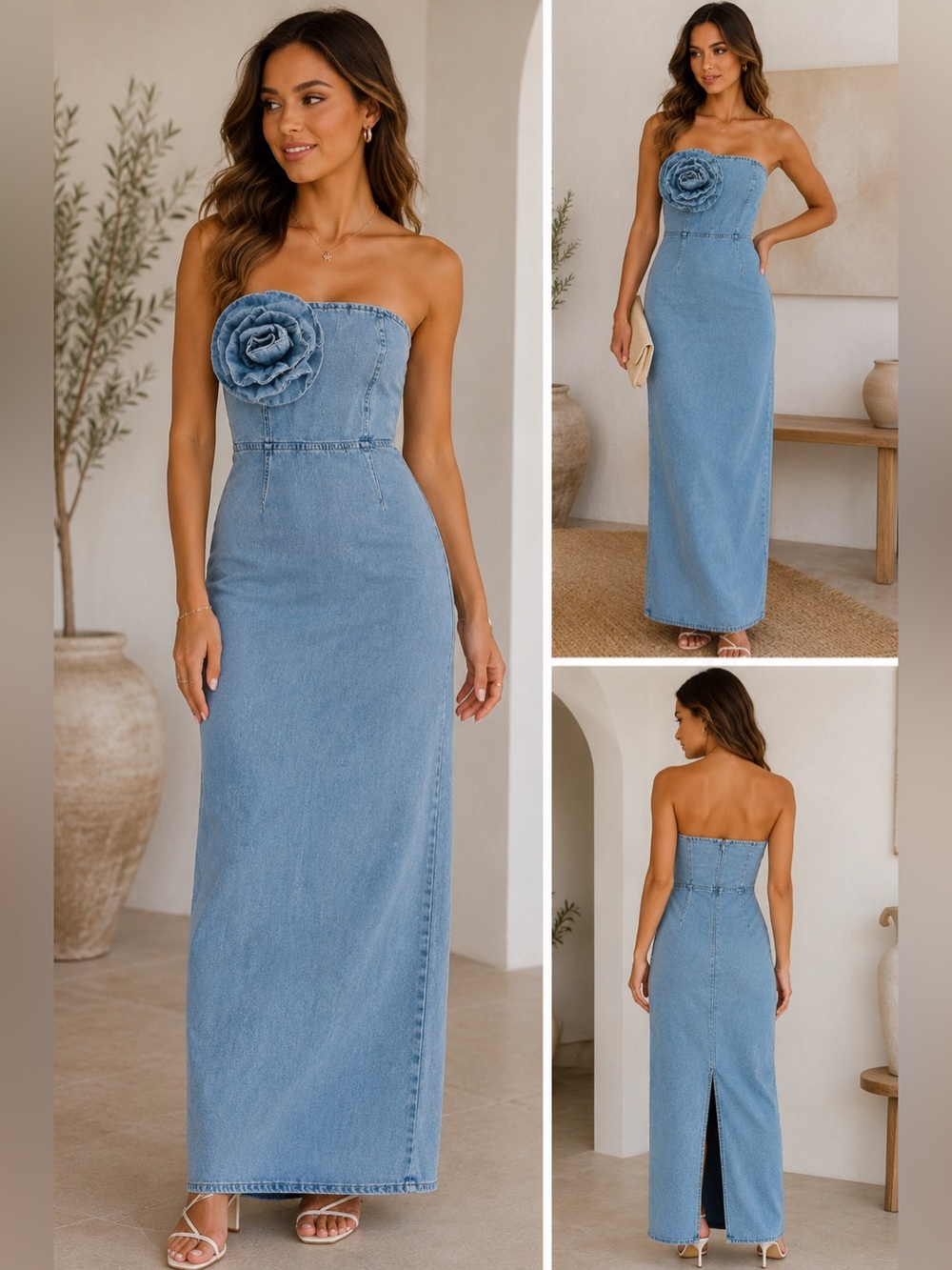 Torn by Ronny Kobo Strapless Denim Maxi Dress Rosette Detail XS